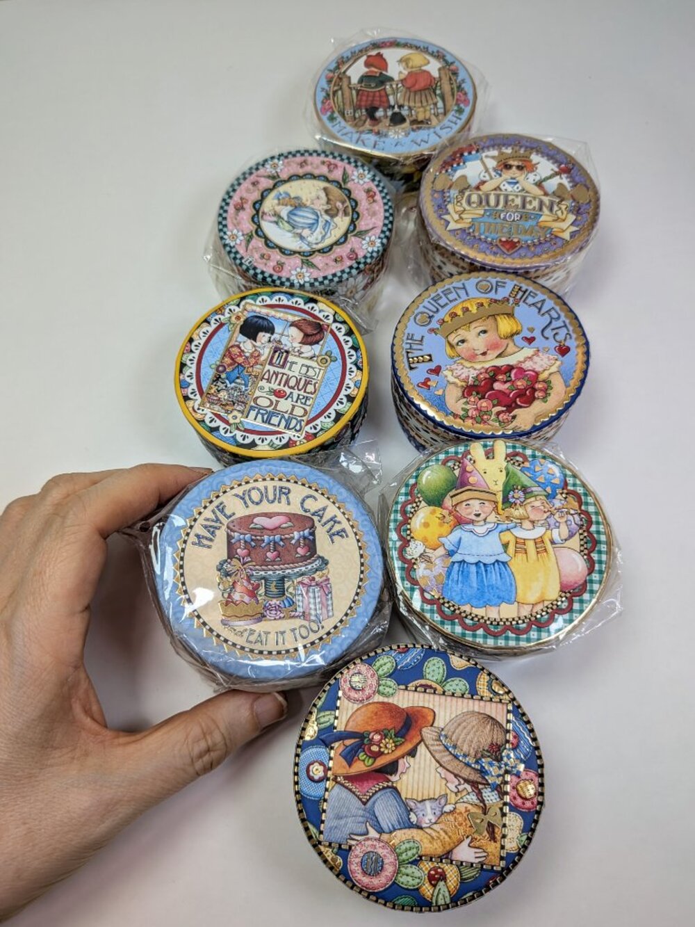 Vintage Mary Engelbreit Round Mini Trinket Box Lot Sealed NOS Pooch & Sweetheart